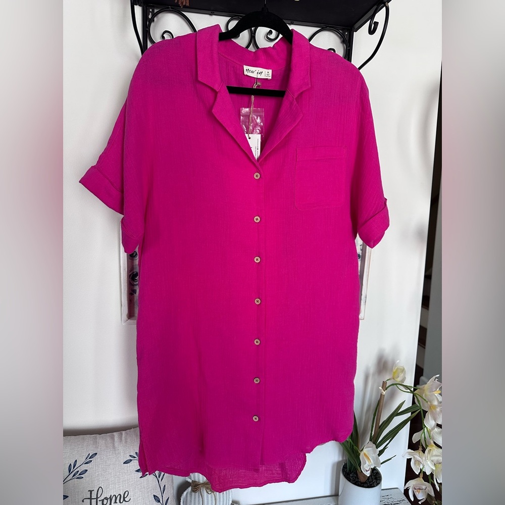 New In Vibrant Fuchsia Button-Down Gauze Shirt Dress NWT